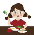 Vector illustrationgirl enjoy eating broccoli, tomatoes and fried eggs